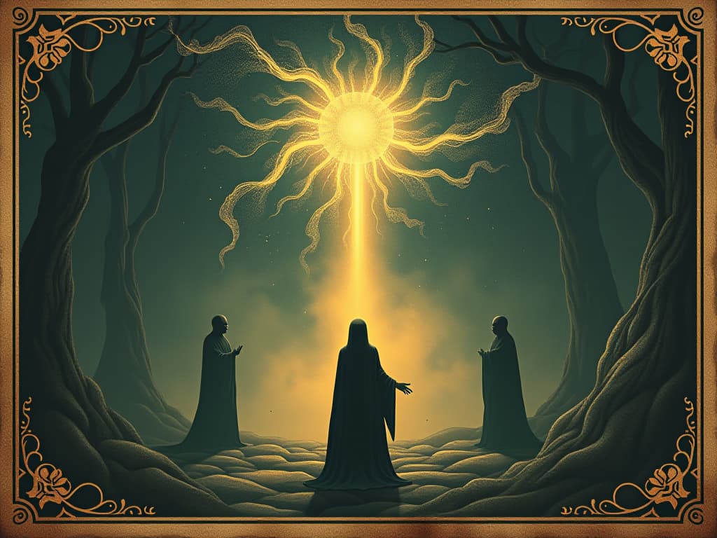  source of inspiration, ethereal energy, mystical glow, figures reflecting light, inspiration wellspring. an illustration in the style of a worn, mystical old tarot trump card, mysterious and elements of surrealism. the colors are muted, somber and eerie, but with contrast bring out an occult and esoteric vibe.