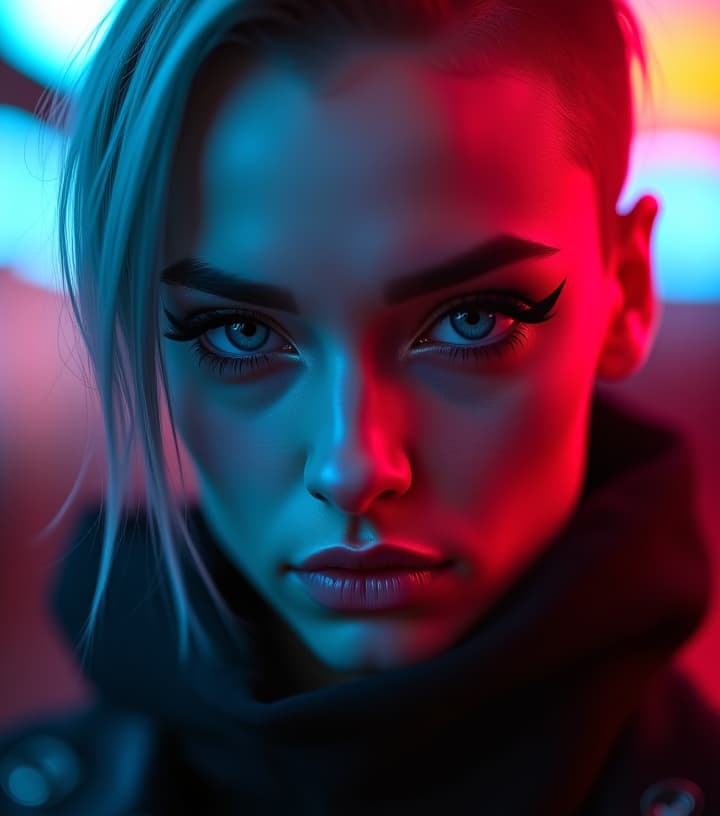  ultra realistic close up portrait ((beautiful pale cyberpunk female with heavy black eyeliner)), blue eyes, shaved side haircut, hyper detail, cinematic lighting, magic neon, dark red city, canon eos r3, nikon, f/1.4, iso 200, 1/160s, 8k, raw, unedited, symmetrical balance, in frame, 8k hyperrealistic, full body, detailed clothing, highly detailed, cinematic lighting, stunningly beautiful, intricate, sharp focus, f/1. 8, 85mm, (centered image composition), (professionally color graded), ((bright soft diffused light)), volumetric fog, trending on instagram, trending on tumblr, HDR 4K, 8K