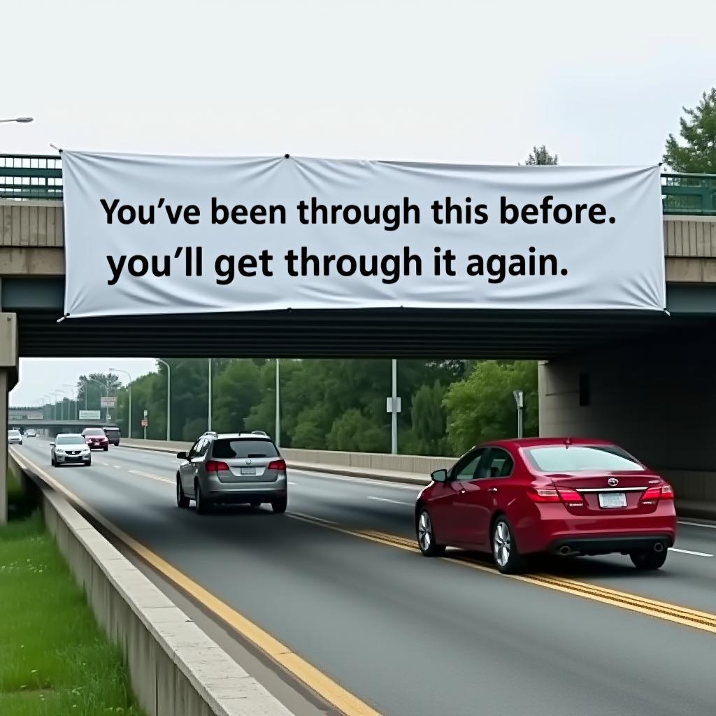  the image shows a large white banner hanging from a pedestrian bridge over a road. the banner has a message written in bold, black, uppercase letters, which reads: "you've been through this before. you'll get through it again." the banner is suspended directly above a lane of traffic. below the bridge, you can see cars driving on the road—two of which are more prominently visible: a red car on the right and a silver or grey car on the left. the road appears to be a multi lane street, likely in an urban area, with a concrete barrier and some grass visible on the left side of the image.