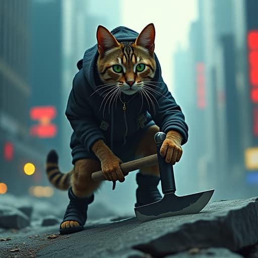  in a cyberpunk cityscape, hemule, the rebellious tabby cat with green eyes, hacks away at a stone mountain with a chisel. imbued with a tough persona, hemule exudes charisma in a hyper realistic, cinematic style, blending urban streetwear and cypherpunk elements under dramatic lighting. hyperrealistic, full body, detailed clothing, highly detailed, cinematic lighting, stunningly beautiful, intricate, sharp focus, f/1. 8, 85mm, (centered image composition), (professionally color graded), ((bright soft diffused light)), volumetric fog, trending on instagram, trending on tumblr, HDR 4K, 8K