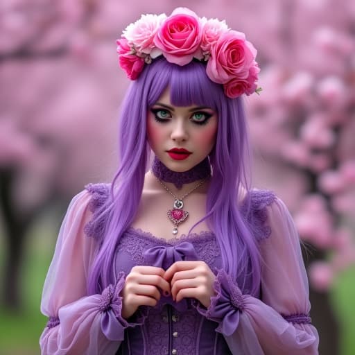  a woman with purple hair adorned with flowers wearing a victorian inspired outfit amongst pink cherry blossoms. modern gothpunk pink girl in cherry blossom sakura viewing spring:: victorian goth fashion for pixie faeiries, cameo, tom bagshaw, cathy locke, h. a. brendekilde, jessie m. king, peter nottrott, golden ratio, deep white, purple, white hues, rococo, victorian, characterart, klimt and mucha, mysterious, magical ambiance, hyperrealistic, full body, detailed clothing, highly detailed, cinematic lighting, stunningly beautiful, intricate, sharp focus, f/1. 8, 85mm, (centered image composition), (professionally color graded), ((bright soft diffused light)), volumetric fog, trending on instagram, trending on tumblr, HDR 4K, 8K