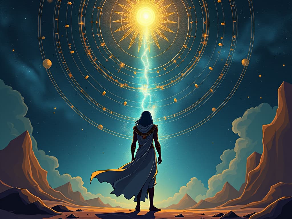  universe symbolized by cosmic patterns in the night sky, shining directly on a single individual, talents emerging as beams of light, symbolic of divine selection. the style is digital art illustration / modern comic book / mysterious occult, symbolic, esoteric vibe,high detail on character design, incorporating ancient egyptian symbology and attire.