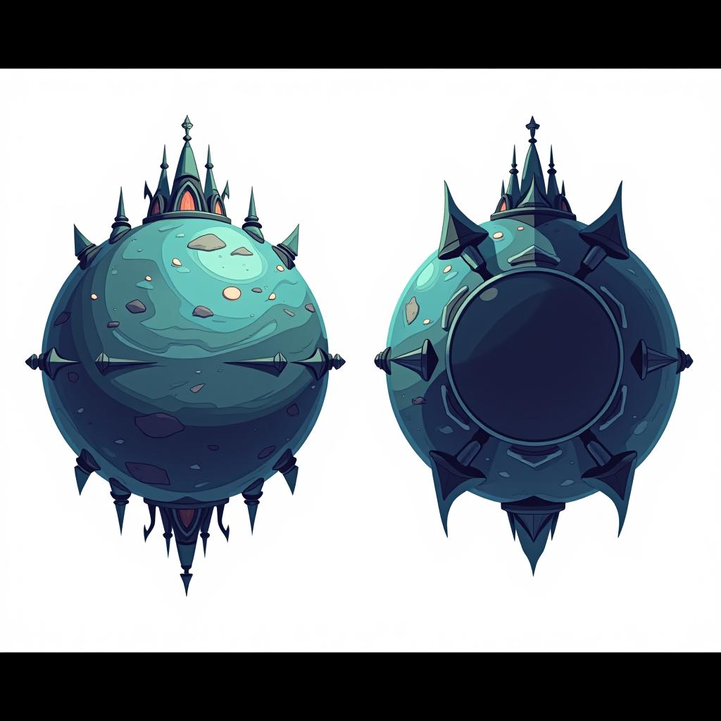  white background. left side: a simple vector graphic showing a hyper realistic alien planet's front view with mysterious structures and bioluminescent patches. right side: back view of the same planet, maintaining high detail and consistency. both views should depict the same materials and feature fantasy elements like glowing areas and unique architectural forms. cartoon and disney style. the views share the same object.