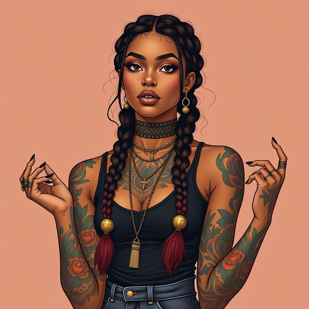  make an image of a woman with cornrows and braid and sleeves of tattoos