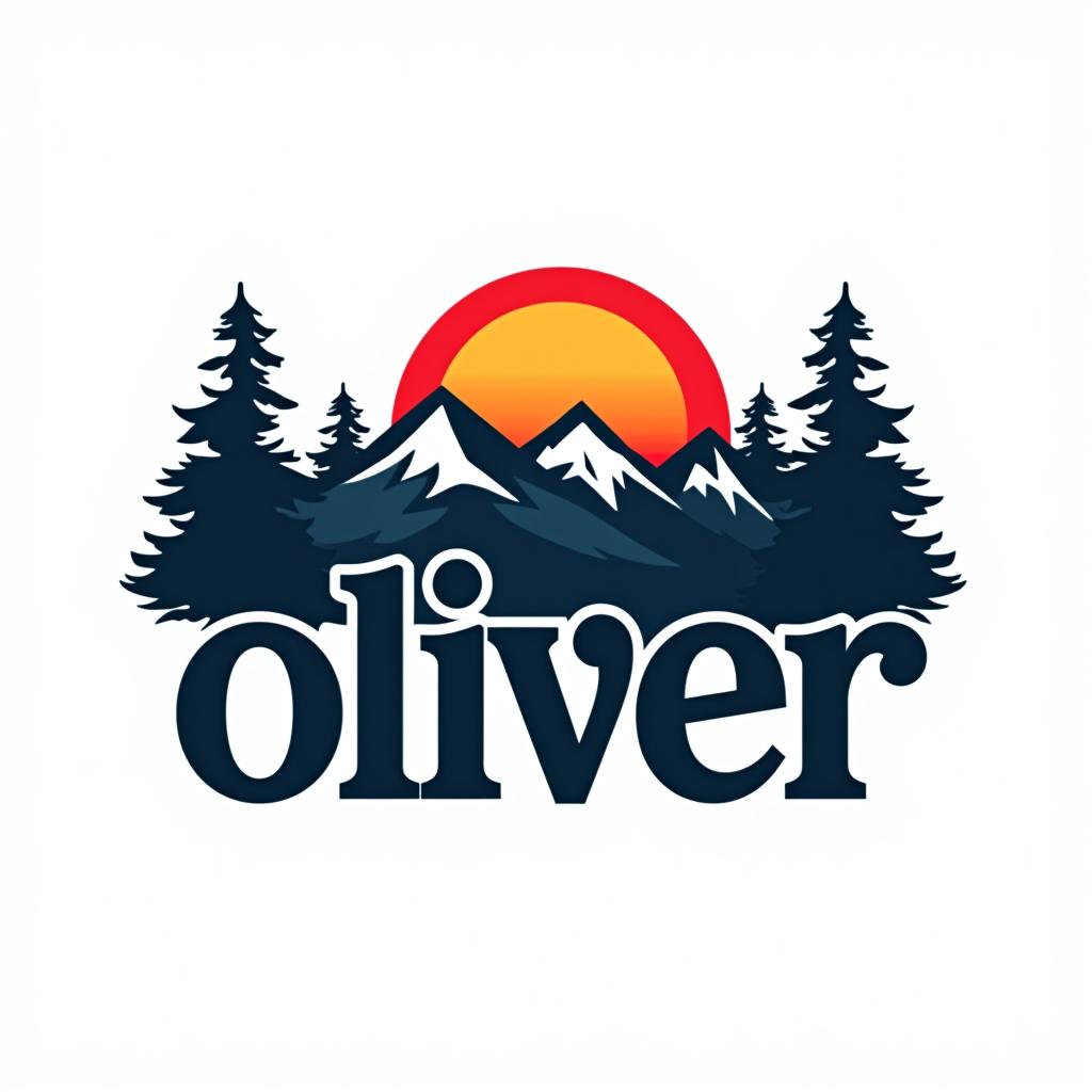  design a logo, custom sticker design on an isolated white background with the bold words ‘oliver’ with a backdrop of a mountain range, and silhouettes of pine trees at sunset