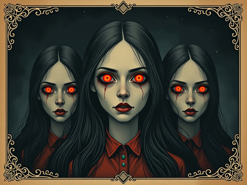  glazed eyes on dark backgrounds, muted colors, distant, vacant expressions, feeling of dismissal, disregard, coldness. an illustration in the style of a worn, mystical old tarot trump card, mysterious and elements of surrealism. the colors are muted, somber and eerie, but with contrast bring out an occult and esoteric vibe.