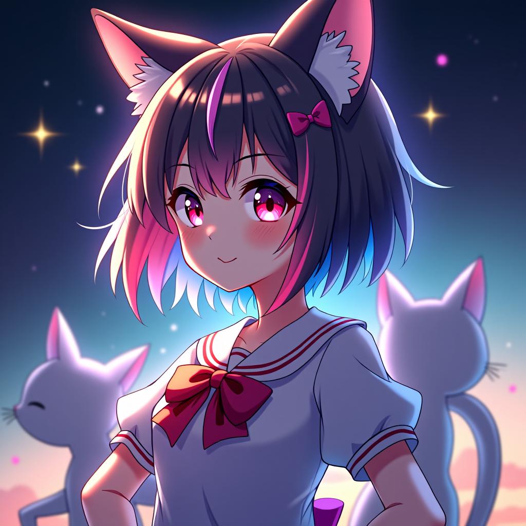  girl, cat, asymmetrical hair, curtained hair, crossed bangs, multicolored hair, hair bow, star shaped pupils, eye reflection, red eyes, longeyelashes, colored eyelashes, cat ears, light smile, shy, smile, fangs, ear blush, gazing into the distance, hands on hips confident stance, space, multiple views, sparkle, glowing light, reflection light, bloom, romanticism, anime, futurism, surrealism, chromatic aberration, best quality, anatomically correct, award winning, professional, highly detailed, masterpiece