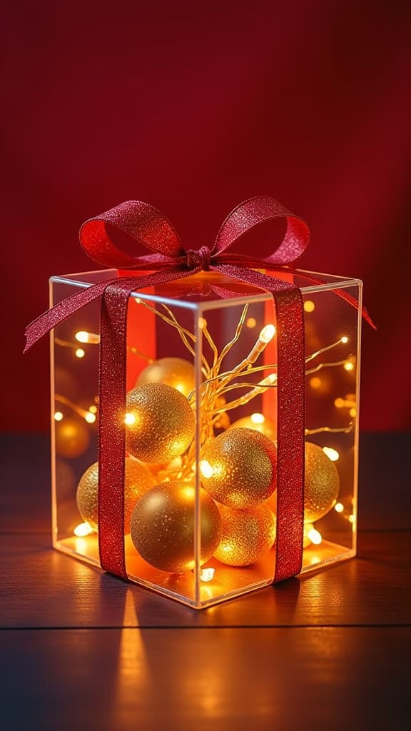  glass transparent gift boxes, inside the boxes there are neon golden glowing garland balls lights, shape christmas gift without wood, festive blurred red background ar 9:16 {prompt}, maximum details