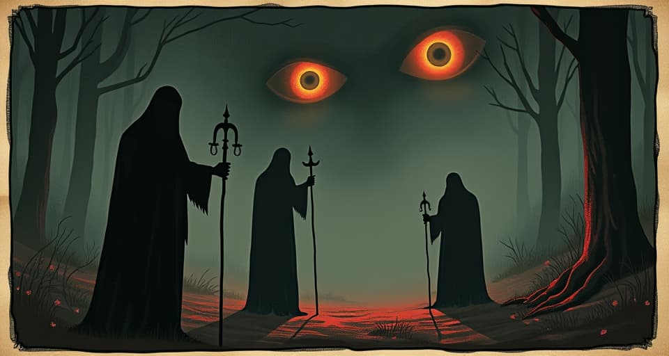  shadowy figures plotting in the darkness, unaware of the glowing eyes observing them from above, mood of unawareness and impending exposure, suspenseful, eerie. an illustration in the style of a worn, mystical old tarot trump card, mysterious and elements of surrealism. the colors are muted, somber and eerie, but with contrast bring out an occult and esoteric vibe.