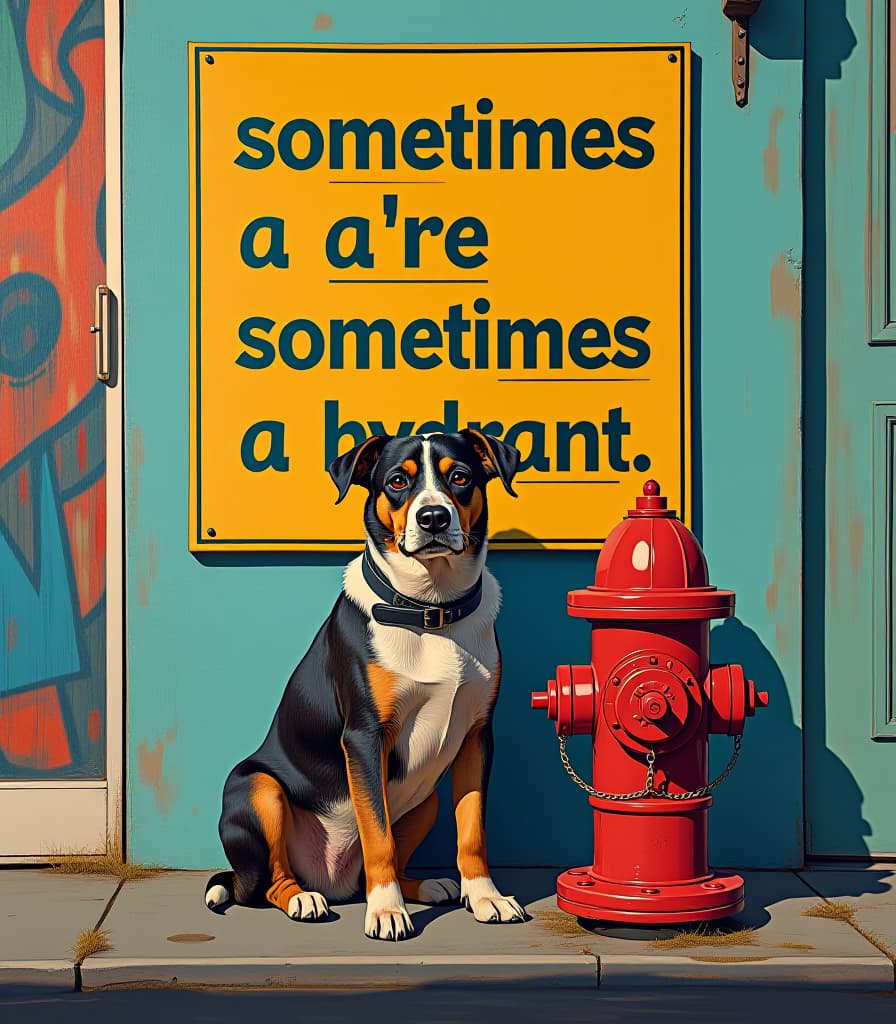  pop art style (masterpiece, oil painting), a dog sitting by a fire hydrant by the road , above a poster written in bold large print “sometimes you're a dog, sometimes you're a hydrant”, close up, high resolution, high detail . bright colors, bold outlines, popular culture themes, ironic or kitsch hyperrealistic, full body, detailed clothing, highly detailed, cinematic lighting, stunningly beautiful, intricate, sharp focus, f/1. 8, 85mm, (centered image composition), (professionally color graded), ((bright soft diffused light)), volumetric fog, trending on instagram, trending on tumblr, HDR 4K, 8K