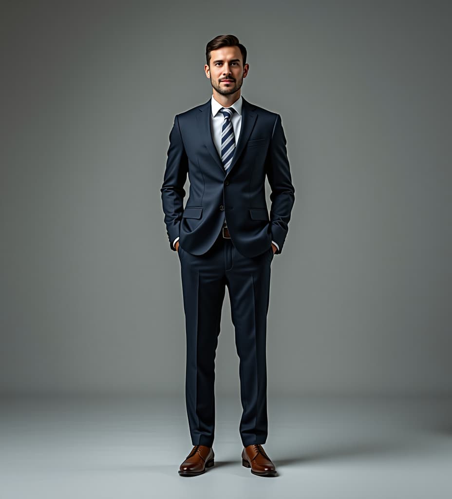  studio shoot of a male model in a suit, full body including legs facing camera and shoes, photorealistic, long exposure, realism light, 300 ppi