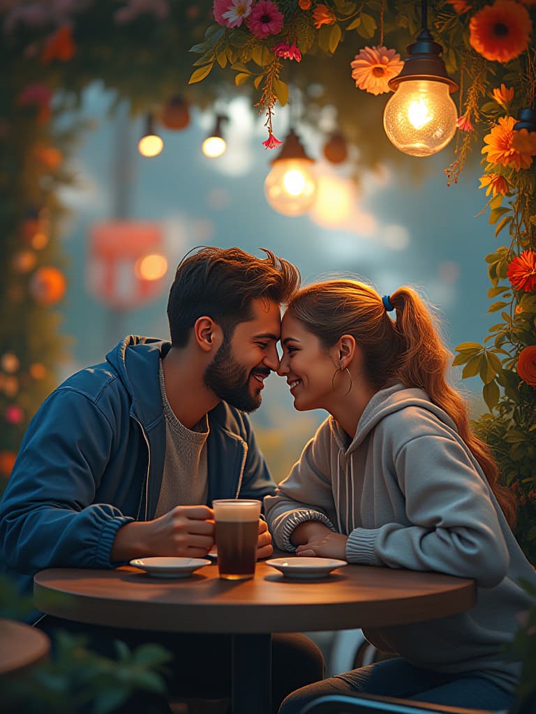  una pareja feliz vistiendo sudaderas hudi de gap, sentados en un acogedor café al aire libre. el hombre tiene una sudadera azul marino, mientras que la mujer lleva una sudadera gris claro. ambos están sonriendo y compartiendo una taza de café humeante, rodeados de plantas verdes y coloridas flores. el ambiente es cálido y acogedor, con luces suaves que cuelgan sobre las mesas y un cielo despejado al atardecer, creando una atmósfera romántica y relajada.