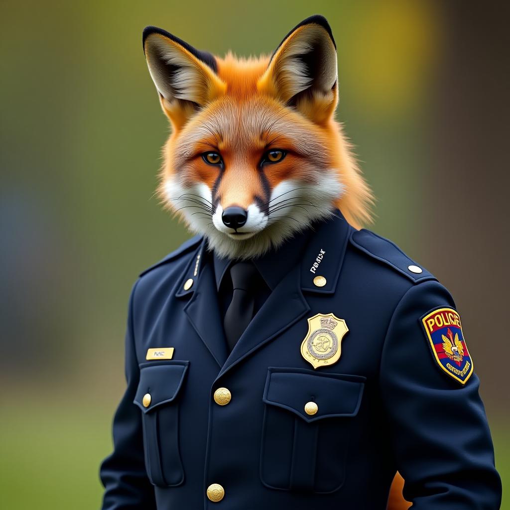  image of fox predator wearing policeman suit outdoors