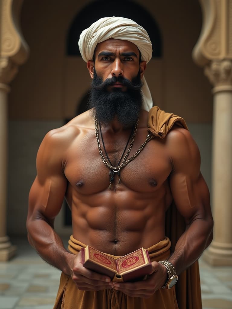  the indian muslim man, shirtless, showcasing his muscular physiques. the man is wearing a muslim round taqiyah and showing qur'an book, the muslim long beard without moustache, masjid background, portrait size hyperrealistic, full body, detailed clothing, highly detailed, cinematic lighting, stunningly beautiful, intricate, sharp focus, f/1. 8, 85mm, (centered image composition), (professionally color graded), ((bright soft diffused light)), volumetric fog, trending on instagram, trending on tumblr, HDR 4K, 8K