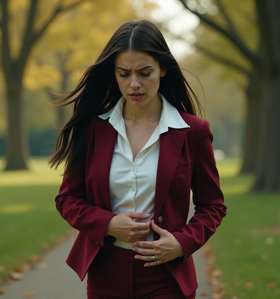  cinematic photo a young schoolteacher with long black hair feels a sharp stabbing pain in her side, one hand pressed to her side in her lower abdomen. scene in motion, running in the park, full height, side view. on the face of the grimace of pain and fatigue. she's dressed as harley quinn. high detail, dynamic scene, 4k . 35mm photograph, film, bokeh, professional, 4k, highly detailed