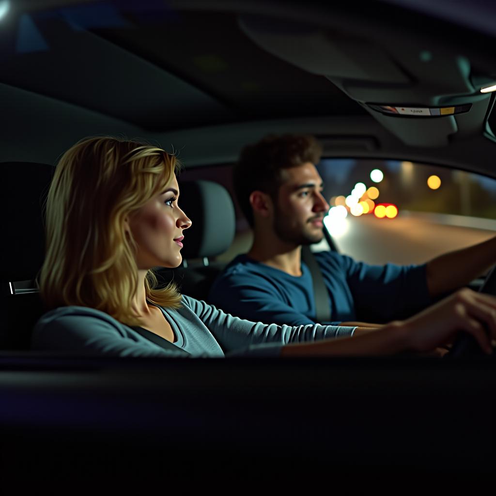  make an image of a blonde woman in the drivers seat with a man with curly hair driving at night