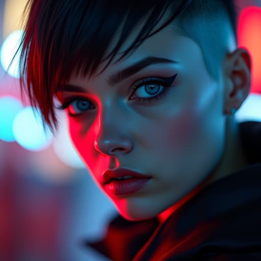  ultra realistic close up portrait ((beautiful pale cyberpunk female with heavy black eyeliner)), blue eyes, shaved side haircut, hyper detail, cinematic lighting, magic neon, dark red city, canon eos r3, nikon, f/1.4, iso 200, 1/160s, 8k, raw, unedited, symmetrical balance, in frame, 8k hyperrealistic, full body, detailed clothing, highly detailed, cinematic lighting, stunningly beautiful, intricate, sharp focus, f/1. 8, 85mm, (centered image composition), (professionally color graded), ((bright soft diffused light)), volumetric fog, trending on instagram, trending on tumblr, HDR 4K, 8K