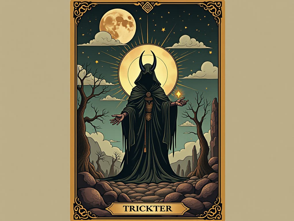  essence of change embodied by trickster, catalyst for evolution, chaotic and transformative landscape. an illustration in the style of a worn, mystical old tarot trump card, mysterious and elements of surrealism. the colors are muted, somber and eerie, but with contrast bring out an occult and esoteric vibe.