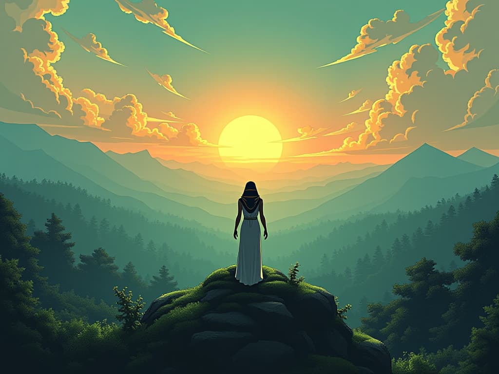  a person standing on a forest covered hilltop, looking out with a sense of fulfillment and wisdom, symbolizing achieved potential. the style is digital art illustration / modern comic book / mysterious occult, symbolic, esoteric vibe,high detail on character design, incorporating ancient egyptian symbology and attire.