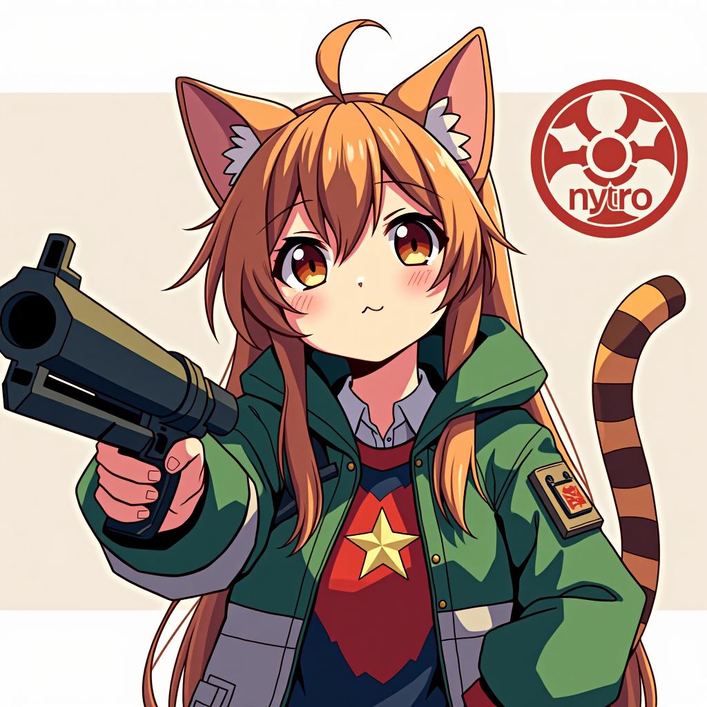  anime artwork (1) strict cat 2) there should be a torn tank gun in one hand. (3) in the other hand, a circular logo named “nytro” . anime style, key visual, vibrant, studio anime, highly detailed