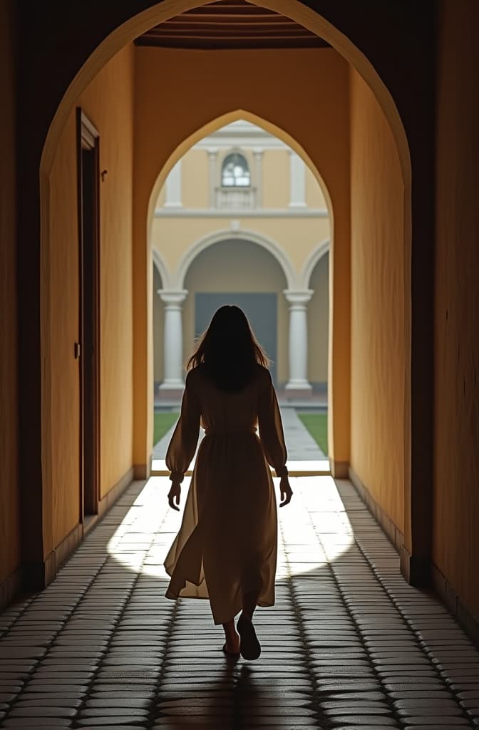  un convento en méxico, en el siglo xvii. la silueta de una joven se ve caminando hacia la entrada. dibujo a lapiz hyperrealistic, full body, detailed clothing, highly detailed, cinematic lighting, stunningly beautiful, intricate, sharp focus, f/1. 8, 85mm, (centered image composition), (professionally color graded), ((bright soft diffused light)), volumetric fog, trending on instagram, trending on tumblr, HDR 4K, 8K