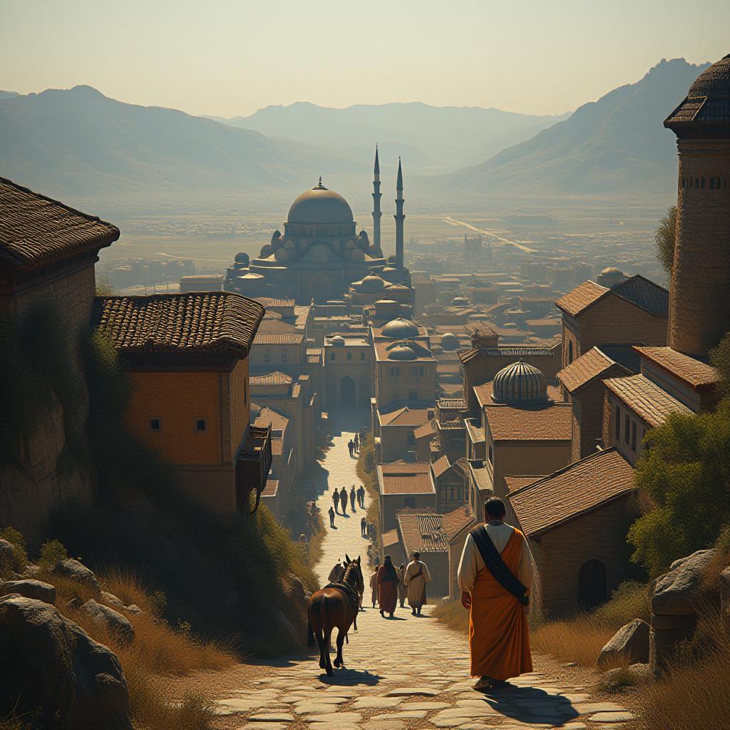  a visual of the ancient appearance of a place in the northwestern region of turkey during the seljuk empire . the visual should include plenty of historical and cultural elements. it should also be a city view. hyperrealistic, full body, detailed clothing, highly detailed, cinematic lighting, stunningly beautiful, intricate, sharp focus, f/1. 8, 85mm, (centered image composition), (professionally color graded), ((bright soft diffused light)), volumetric fog, trending on instagram, trending on tumblr, HDR 4K, 8K