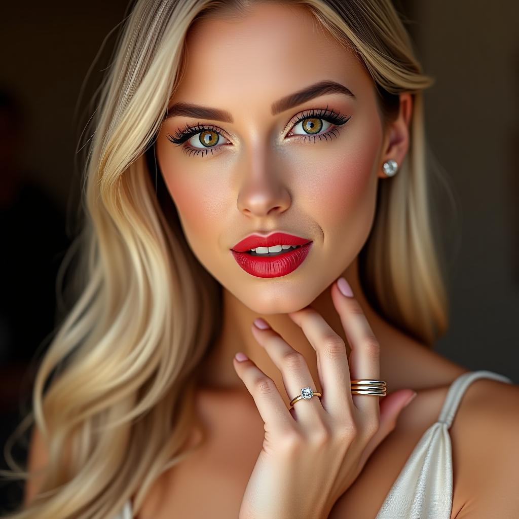  make an image of a woman with blonde hair and brown eyes and red lipstick wearing an engagement ring and wedding band in gold on her right hand wearing a white dress