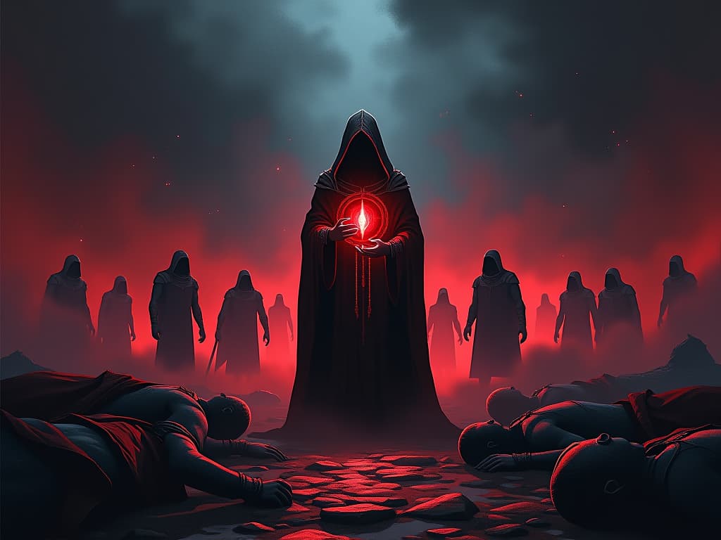  figure standing among fallen enemies, holding a glowing relic, atmosphere of achieved victory. the style is digital art illustration / modern comic book / graphic dark novel fantasy and mysterious occult, symbolic, moody lighting, esoteric vibe,high detail on character design. for the color scheme emphasize blacks and reds.