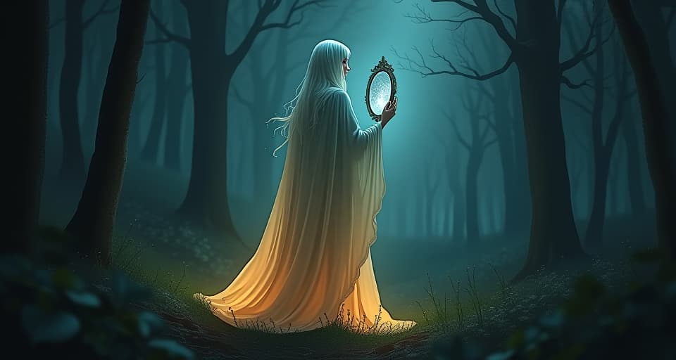  ethereal being in a flowing, glowing robe, standing in a dark forest holding a mirror reflecting another's weaknesses, dark yet magical mood. the style is digital art illustration,highly detailed, whimsical,magical, dreamlike atmosphere, realism and fantasy blend, smooth, glossy textures,luminous quality, wonder and enchantment.