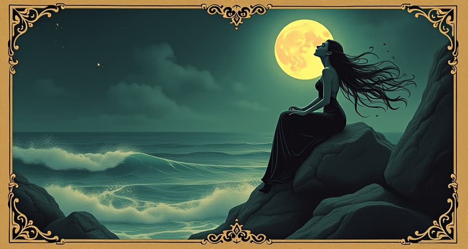  a mythical siren with flowing hair, perched on a rocky shore under moonlight, singing an ethereal song, ocean waves gently crashing, serene and mystical, luminescent glow around her. an illustration in the style of a worn, mystical old tarot trump card, mysterious and elements of surrealism. the colors are muted, somber and eerie, but with contrast bring out an occult and esoteric vibe.