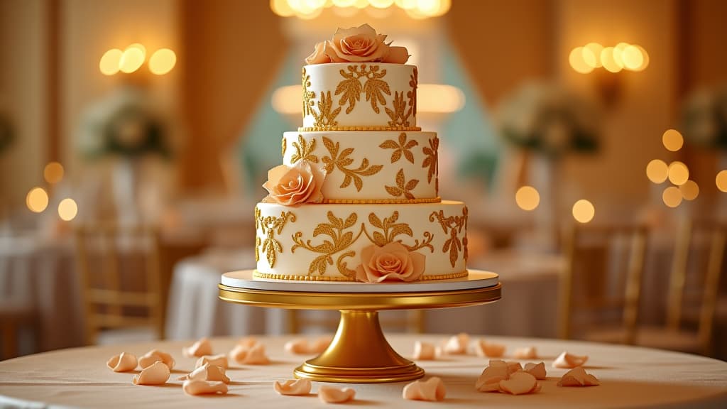  create an image with the following specifications: main subject: description: a luxurious golden wedding cake with multiple tiers, adorned with intricate gold leaf designs and delicate sugar flowers. style: elegant and opulent. setting: location: upscale wedding reception venue with soft, warm lighting. composition: framing: close up shot of the cake, centered in the frame, with blurred background elements. style: art movement: modern luxury. technique: high end food photography. atmosphere: mood: glamorous and romantic. color palette: dominant colors: gold, cream, soft white. mood: warm and inviting. details: foreground: shimmering gold cake stand, scattered rose petals in gold and blush tones. background: blurred fairy lights and c hyperrealistic, full body, detailed clothing, highly detailed, cinematic lighting, stunningly beautiful, intricate, sharp focus, f/1. 8, 85mm, (centered image composition), (professionally color graded), ((bright soft diffused light)), volumetric fog, trending on instagram, trending on tumblr, HDR 4K, 8K