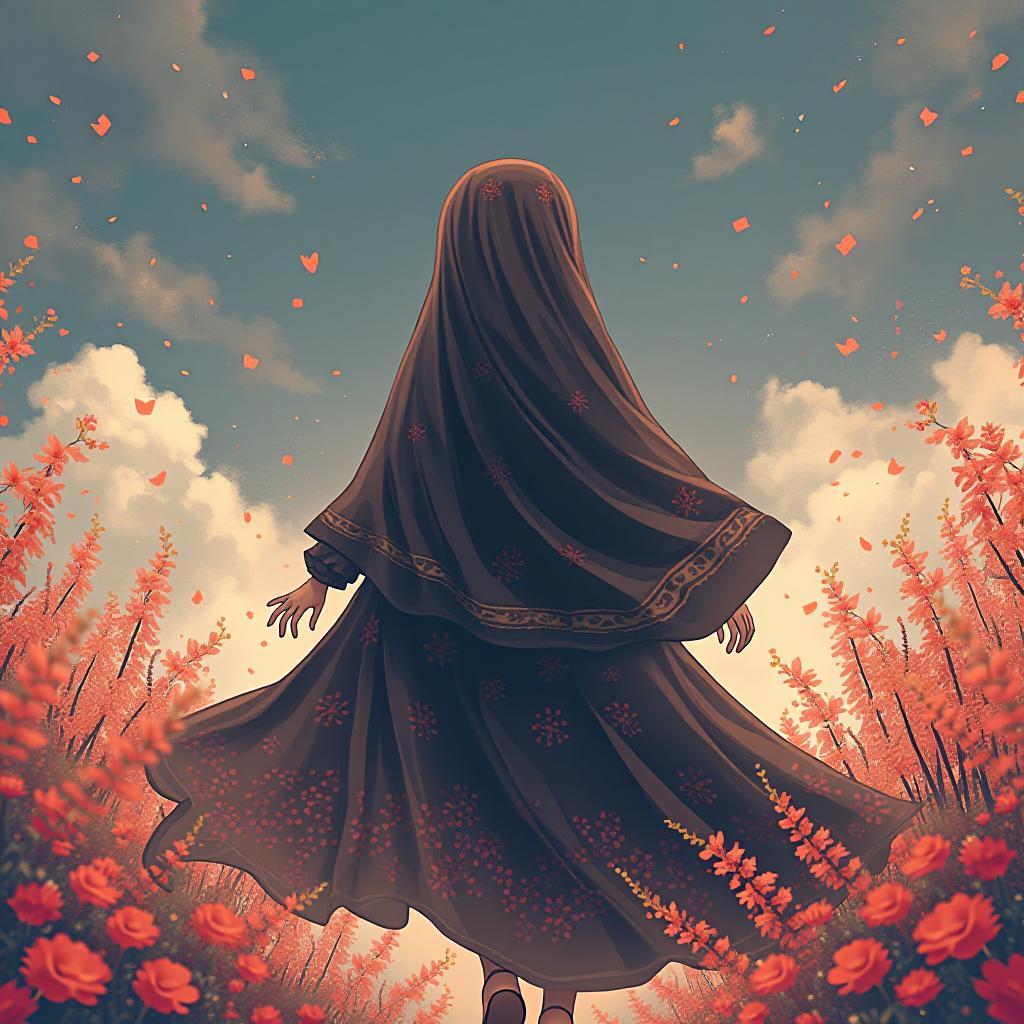  anime girl with hijab from behind flying dress pattern mod  beautiful background with numberless flowers minimalism full details anime studio ghibli 1600×720 !firooze! hyperrealistic, full body, detailed clothing, highly detailed, cinematic lighting, stunningly beautiful, intricate, sharp focus, f/1. 8, 85mm, (centered image composition), (professionally color graded), ((bright soft diffused light)), volumetric fog, trending on instagram, trending on tumblr, HDR 4K, 8K