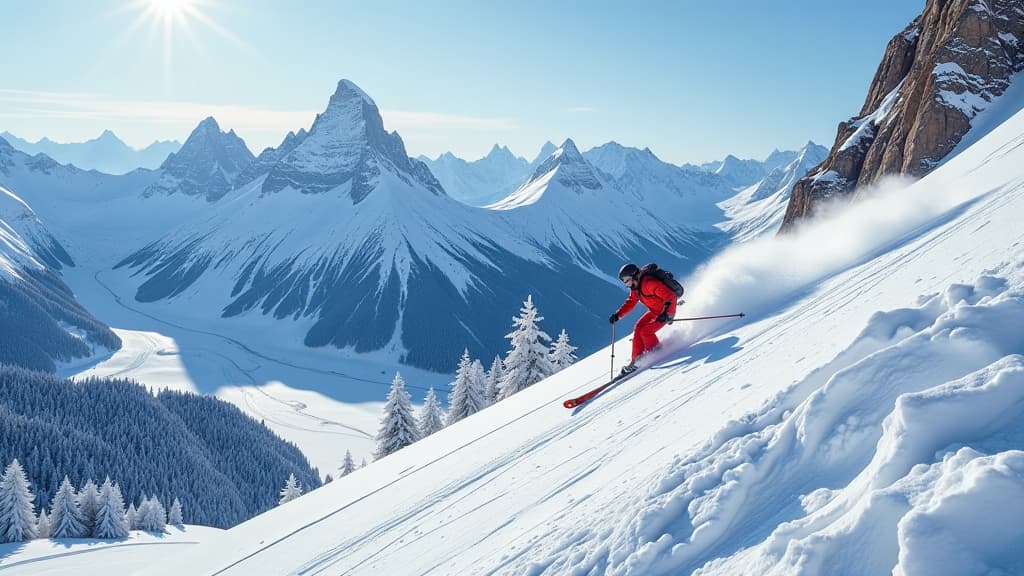  create a hyper realistic image capturing the essence of extreme skiing in south tyrol. the scene should feature a dramatic view of the legendary "black 5" descent in val gardena, showcasing steep sections, tight turns, and challenging conditions. include experienced skiers navigating the slope with skill and adrenaline. incorporate the breathtaking dolomite peaks in the background, emphasizing the thrill and beauty of the location. add branding elements of famous ski gear and equipment to enhanc