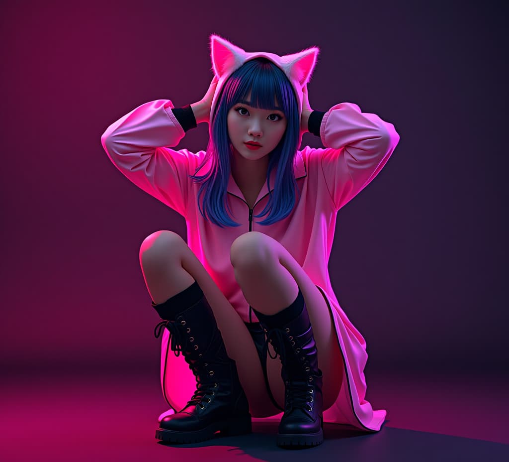  a photo realistic 40 asian cosplaying as a cat , squatting with her hands behind her head and looking ly and her outfit is vint and eye catching. her body captures her beauty and the lively colors of her clothing, making it an interesting and visually appealing piece of art. beautiful perfect eyes, perky big s, a korean goddess, geometric shapes, bold colors, dynamic composition,beautiful perfect eyes, perky s, a korean goddess . cyberpunk, vaporwave, neon, vibes, vint, stunningly beautiful, crisp, detailed, sleek, ultramodern, magenta highlights, dark purple shadows, high contrast, cinematic, ultra detailed, intricate, professional, (masterpiece), (best quality), (ultra detailed), she is a cat , 