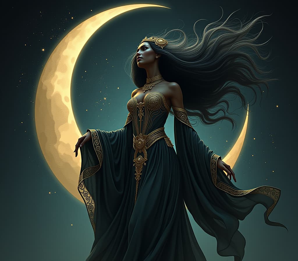  a mystical and enchanting figure is portrayed against a backdrop of a large, glowing crescent moon, surrounded by a scattering of stars. the woman is dressed in a dark, intricate ensemble that combines elements of ancient mythology and celestial mysticism. her outfit is adorned with golden accents and ornate jewelry, giving her the appearance of a celestial goddess or sorceress. her skin is smooth and dark, contrasting beautifully with the luminous glow of the moon behind her. her long, flowing black hair swirls around her as if caught in a mystical breeze, adding a dynamic and otherworldly quality to the image. the woman's pose is both graceful and powerful, with one leg raised as if she is ascending or floating in the night sky. her expr