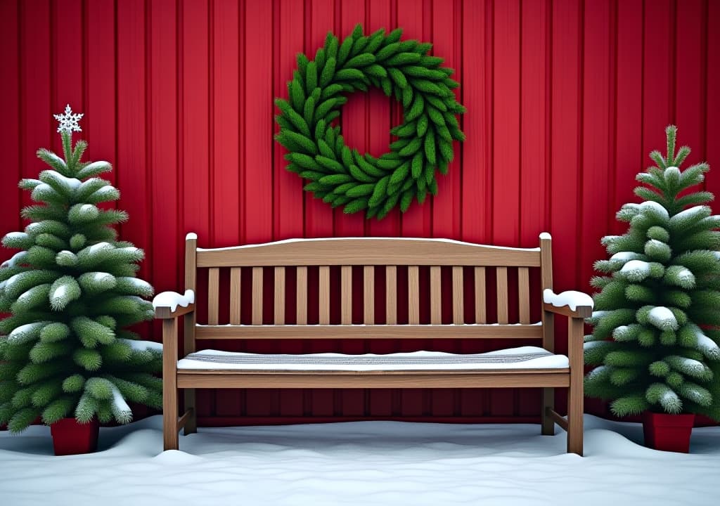  festive winter scene with a wooden bench, decorated green wreath, red wooden wall, and snow on the ground, perfect for holiday backgrounds.