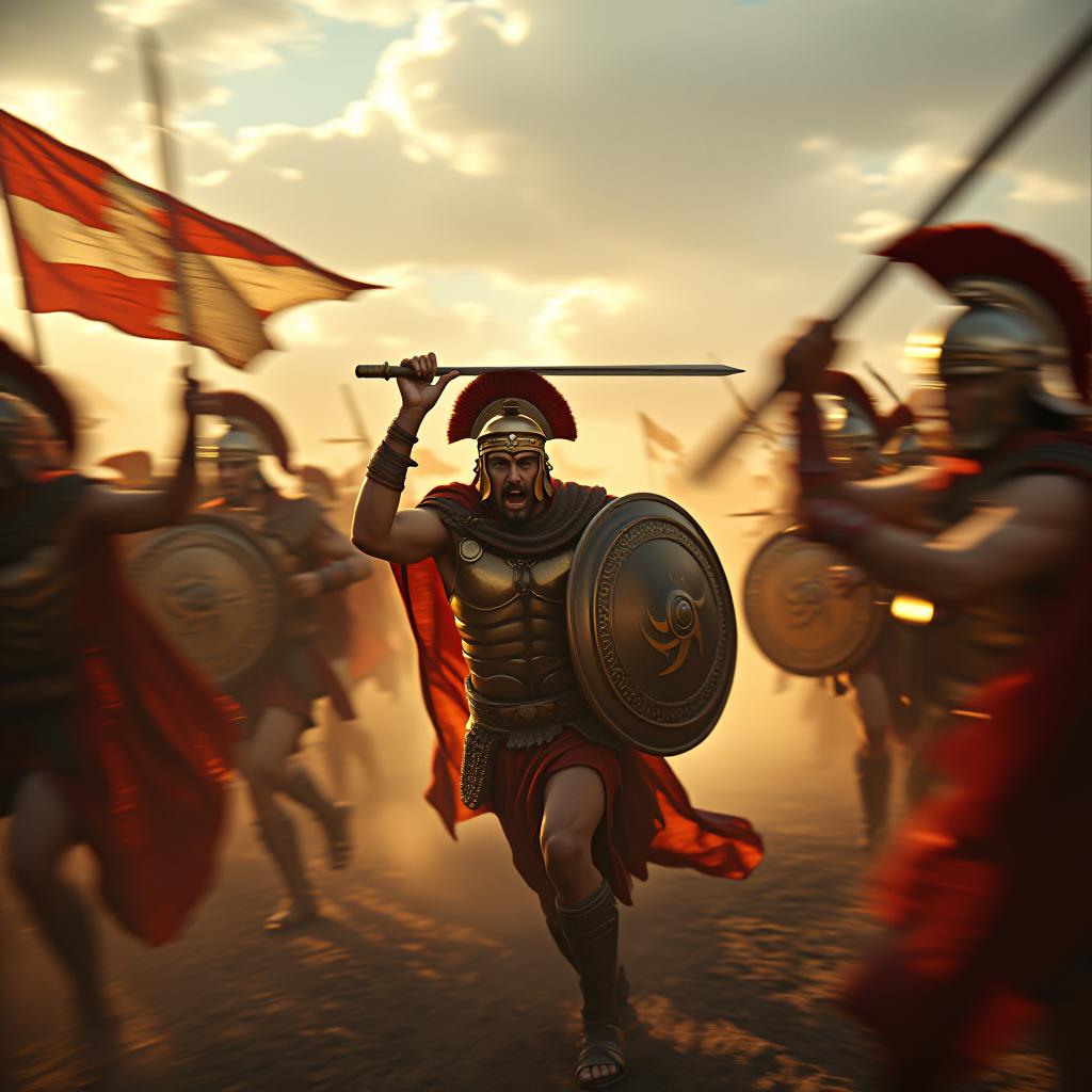  epic cinematic shot of dynamic battle between spartans and ancient persian army in motion. main subject of high budget action movie. raw photo, motion blur. best quality, high resolution