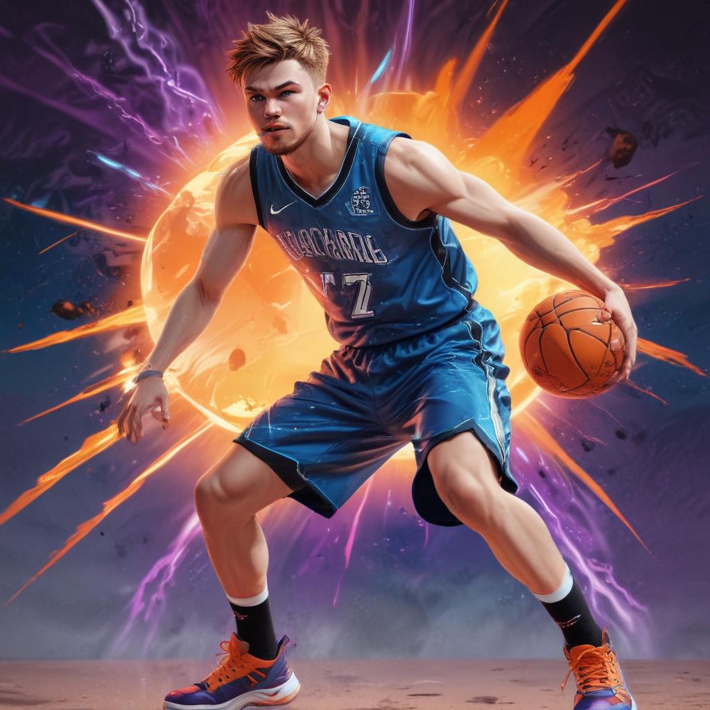 distance-shot, flashy, full-body, dynamic, holographic, animated cartoon poster of luka doncic in the style of dragon ball super