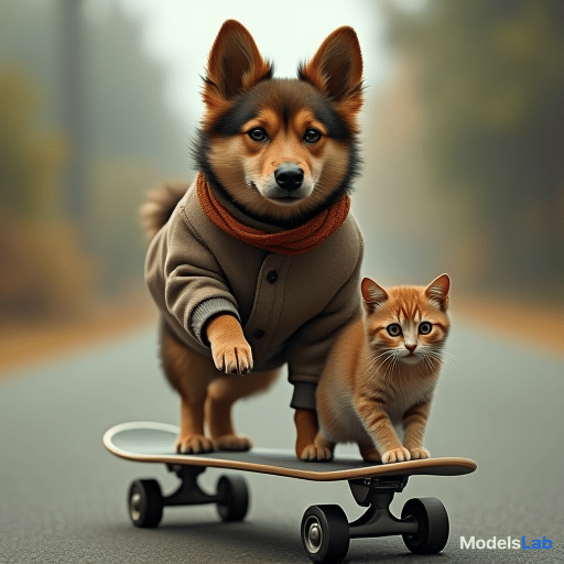  a dog with a cat on a skateboard hyperrealistic, full body, detailed clothing, highly detailed, cinematic lighting, stunningly beautiful, intricate, sharp focus, f/1. 8, 85mm, (centered image composition), (professionally color graded), ((bright soft diffused light)), volumetric fog, trending on instagram, trending on tumblr, HDR 4K, 8K