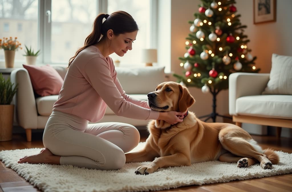  woman in light leggings and long sleeve top for sports petting her golden retriever dog on a sports rug in a bright living room decorated for christmas {prompt}, maximum details