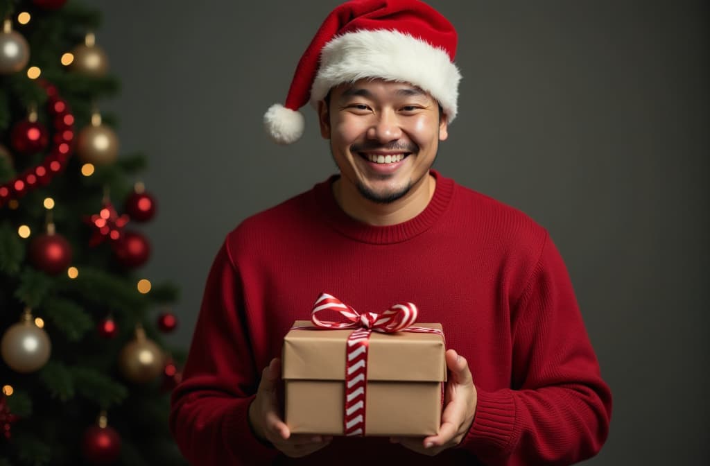  professional detailed photography, happy asian man in a red sweater and santa hat with a pack of gift boxes in his hands ar 3:2 , (muted colors, dim colors, soothing tones), (vsco:0.3)