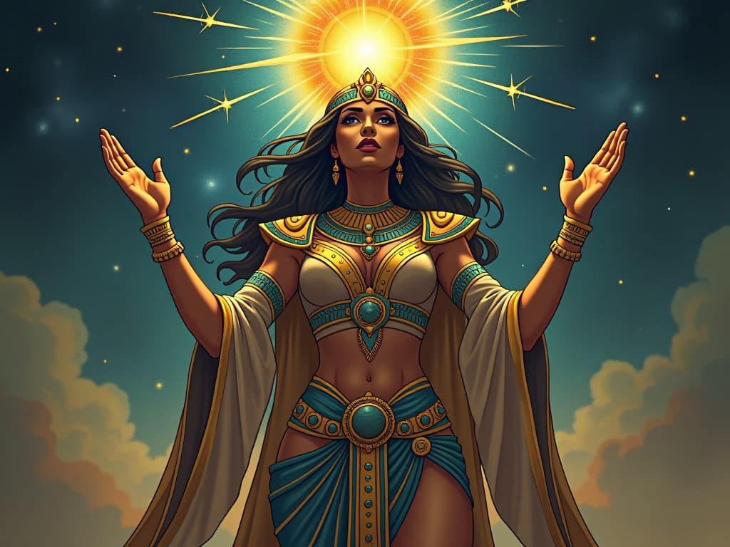  a large busted goddess in form fitting ceremonial attire, hands raised, channeling higher wisdom from the cosmos, ambiance of divine understanding. the style is digital art illustration / modern comic book / mysterious occult, symbolic, esoteric vibe,high detail on character design, incorporating ancient egyptian symbology and attire.