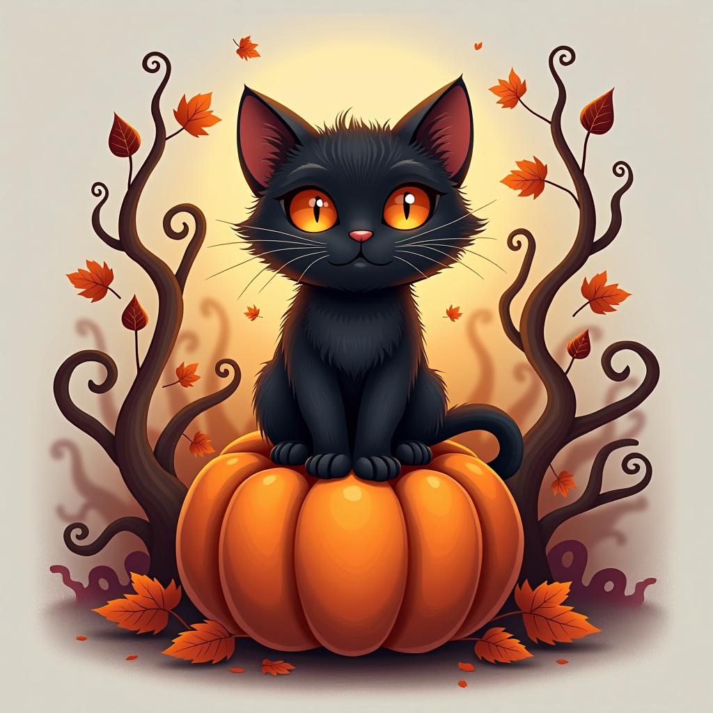  a cute black cat with glowing eyes sitting on a pumpkin, surrounded by swirling autumn leaves in a whimsical style, with warm, moody lighting. t shirt design, vector, contour, white background, no mockup hyperrealistic, full body, detailed clothing, highly detailed, cinematic lighting, stunningly beautiful, intricate, sharp focus, f/1. 8, 85mm, (centered image composition), (professionally color graded), ((bright soft diffused light)), volumetric fog, trending on instagram, trending on tumblr, HDR 4K, 8K