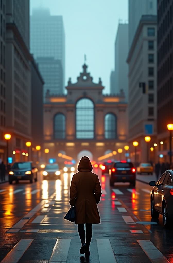  generates an image of 42nd street in new york with grand central station, a rainy autumn day hyperrealistic, full body, detailed clothing, highly detailed, cinematic lighting, stunningly beautiful, intricate, sharp focus, f/1. 8, 85mm, (centered image composition), (professionally color graded), ((bright soft diffused light)), volumetric fog, trending on instagram, trending on tumblr, HDR 4K, 8K