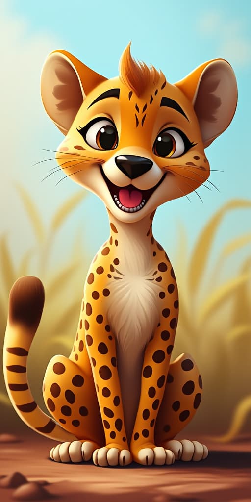  cartoon art style, a cheetah with exaggerated features and a playful expression, set against a bright, whimsical background., high quality, high details, hd, perfect composition, 4k epic detailed, highly detailed, sharp focus, high resolution