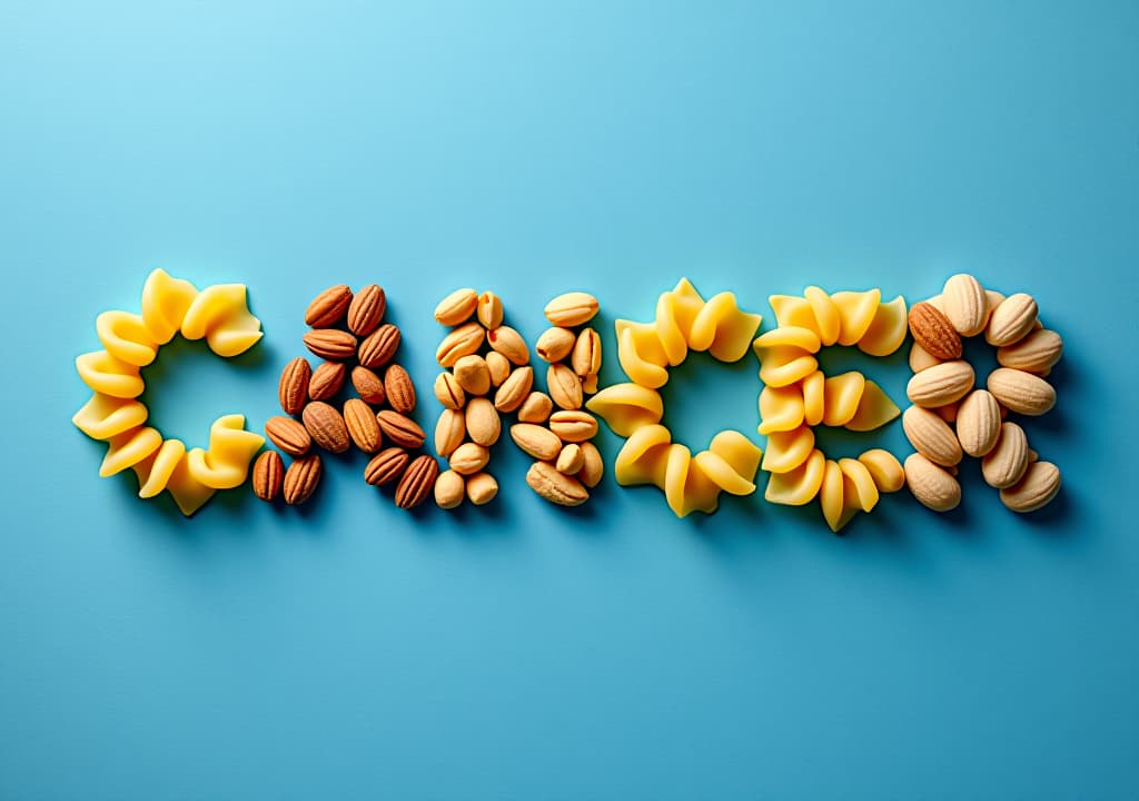  creative concept of the word cancer spelled with food including macaroni and nuts against a blue background, depicting health and awareness.