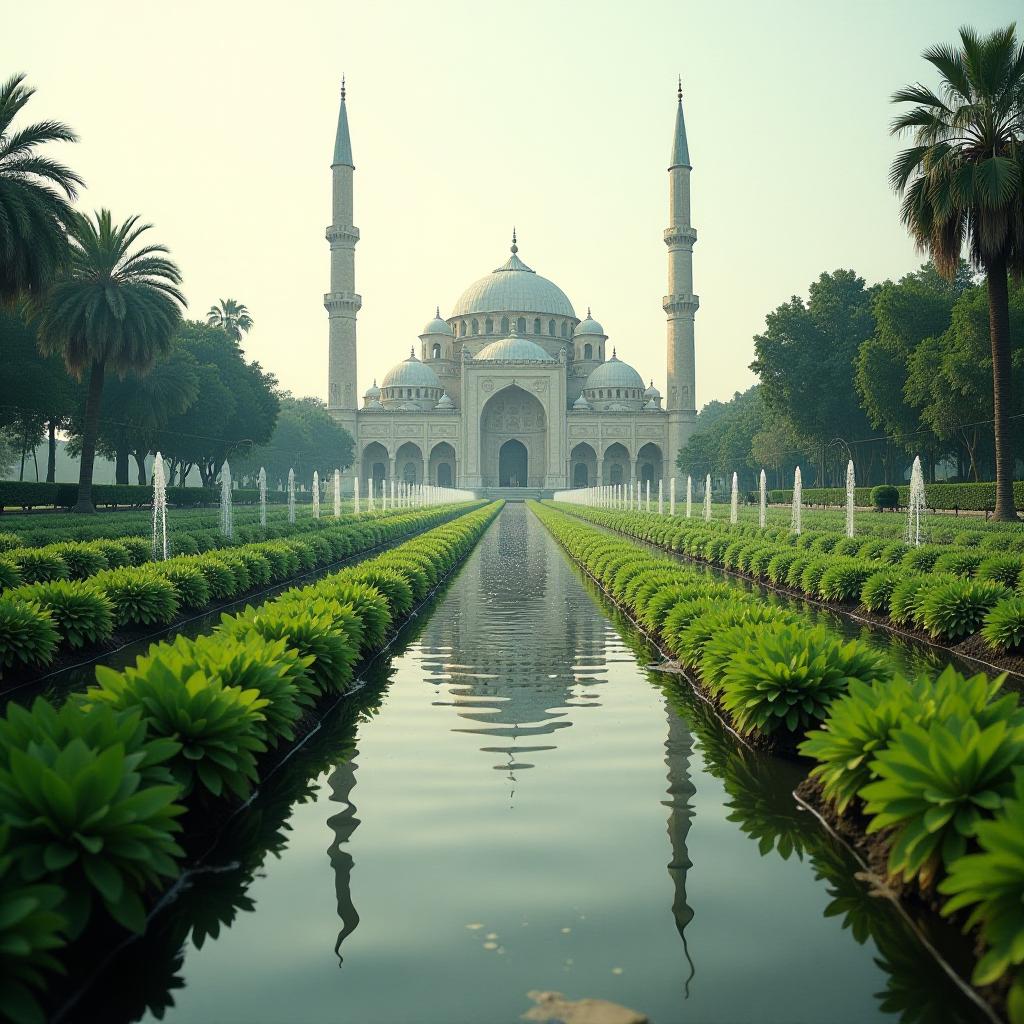  a desaturated foreshortened view of a serene mosque surrounded by an intricate irrigation system. the mosque’s minarets rise majestically against the sky, while the water channels meander gracefully around lush greenery, reflecting the spirituality of the space. the soft, muted colors emphasize the harmony between architecture and nature, showcasing the flow of water as it nourishes the landscape. the perspective invites viewers to feel drawn into this tranquil oasis, where the blend of religious reverence and agricultural ingenuity creates a unique and peaceful coexistence.