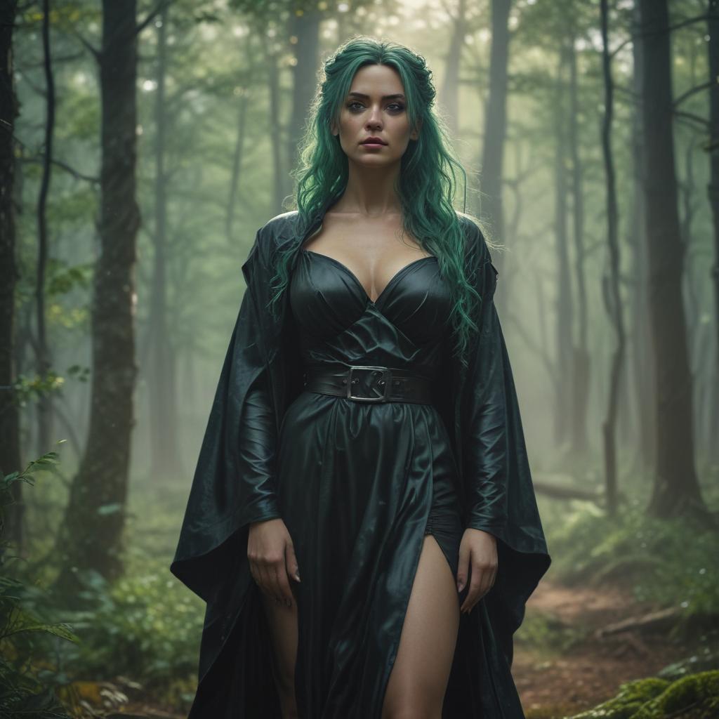 ((masterpiece)),(((best quality))), 8k, high detailed, ultra detailed, Terrible Tornado in black robes standing in the woods, dynamic pose, green hair, green eyes, collarbone, thighs, small breasts hyperrealistic, full body, detailed clothing, highly detailed, cinematic lighting, stunningly beautiful, intricate, sharp focus, f/1. 8, 85mm, (centered image composition), (professionally color graded), ((bright soft diffused light)), volumetric fog, trending on instagram, trending on tumblr, HDR 4K, 8K