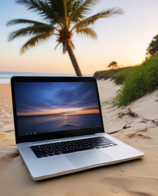 Image of a laptop on a beach background.