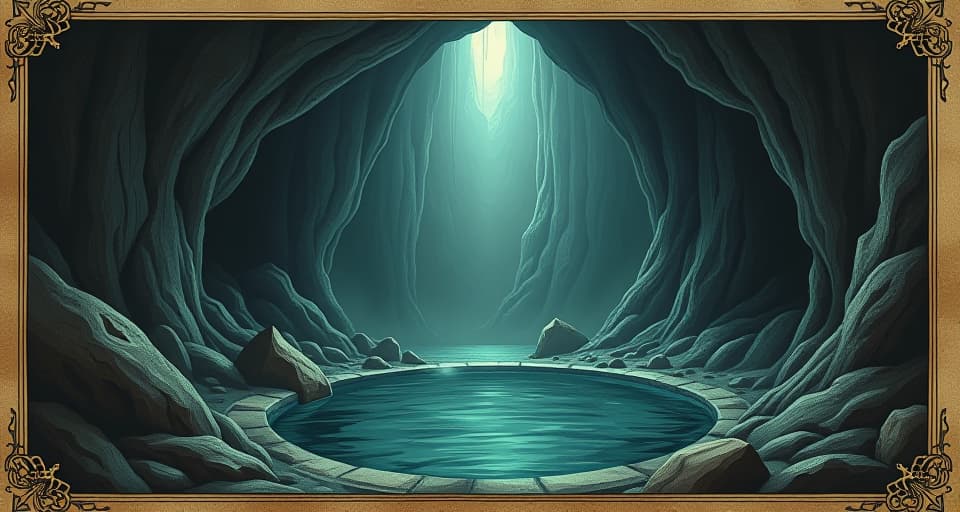  deep cavern with a crystal pool, reflective surface showing layers beneath, depth symbolizing resolve, otherworldly glow, quiet intensity. an illustration in the style of a worn, mystical old tarot trump card, mysterious and elements of surrealism. the colors are muted, somber and eerie, but with contrast bring out an occult and esoteric vibe.